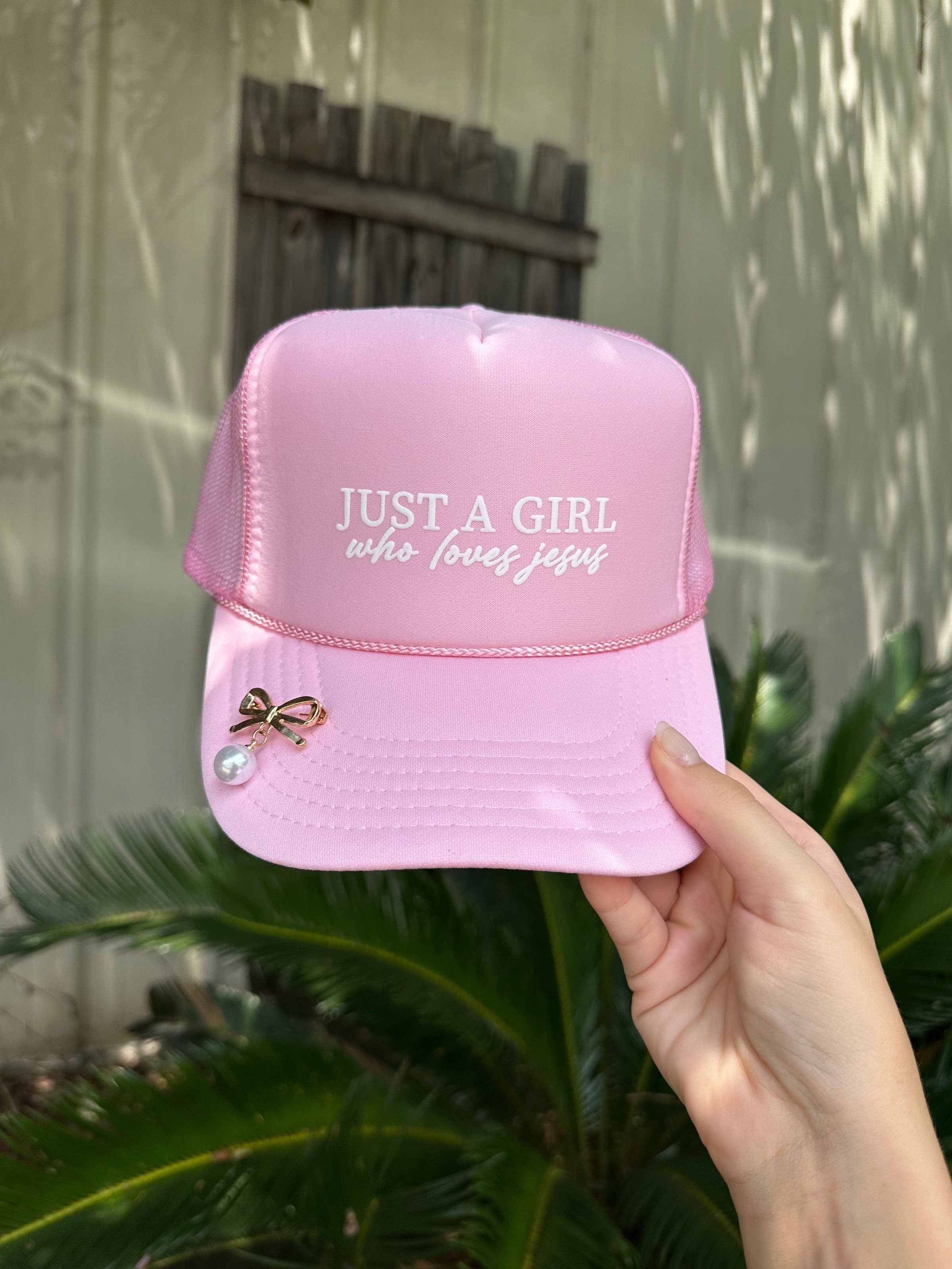 "Just a Girl Who Loves Jesus Light Pink Trucker" WITH PIN