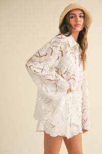 White Sheer Lace Button Down Shirt