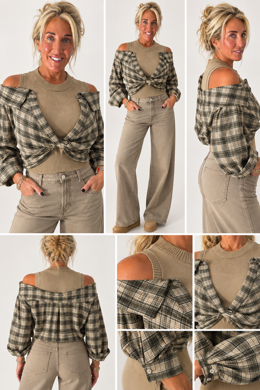 Plaid Twist-Front Cold Shoulder Knit Top