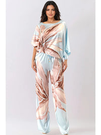 Blue Satin Floral Dolman Sleeve Top & Wide-Leg Pants Set