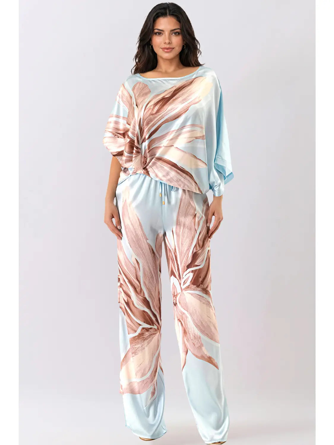 Blue Satin Floral Dolman Sleeve Top & Wide-Leg Pants Set