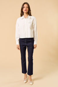 Cropped Button-Up Shirt with Floral Appliqué Detail and Long Sleeves