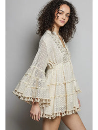 Boho Cream Lace Tassel Tiered Mini Dress