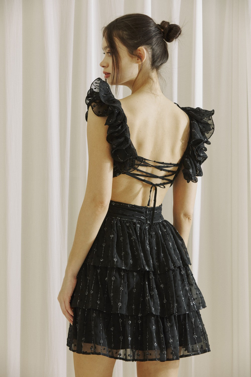 Black Metallic Silver Lurex Romantic Mini Dress Black Metallic Silver Lurex Romantic Mini Dress