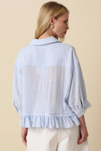 Lightweight Ruffle Hem Button-Up Blouse with Puff Sleeves in Blue