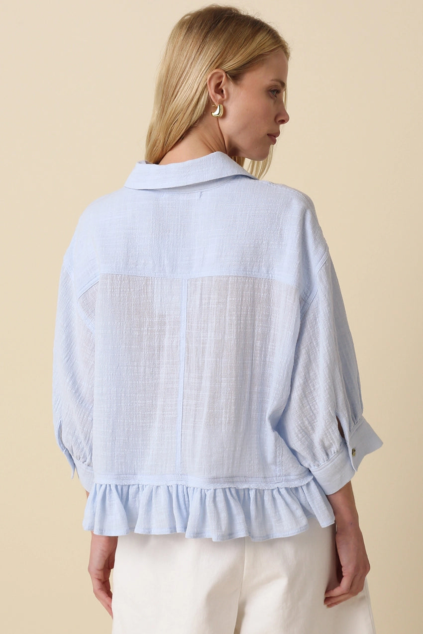 Lightweight Ruffle Hem Button-Up Blouse with Puff Sleeves in Blue