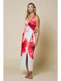 Red Floral Halter Wrap Maxi Dress with Side Tie and Front Slit