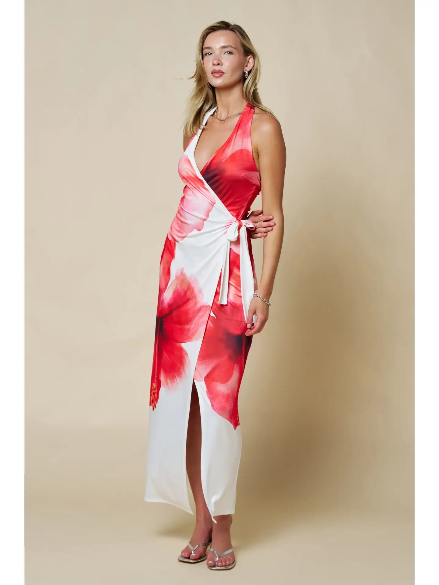 Red Floral Halter Wrap Maxi Dress with Side Tie and Front Slit