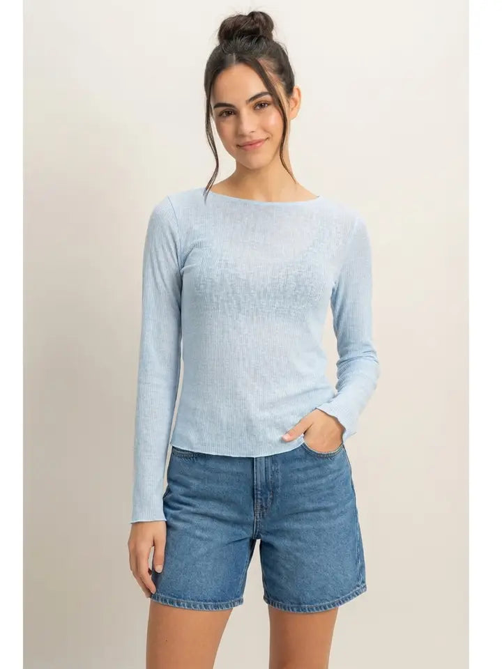 Light Blue Ribbed Long Sleeve Fitted Top