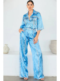 Relaxed Denim Print Button-Up Top and Wide-Leg Pant Set