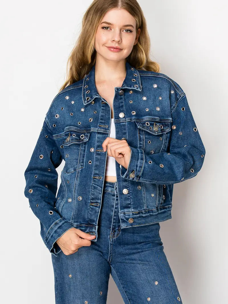 Eyelet Embellished Classic Denim Jacket