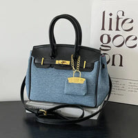 Two-Tone Structured Satchel with Gold Lock Charm and Crossbody Strap