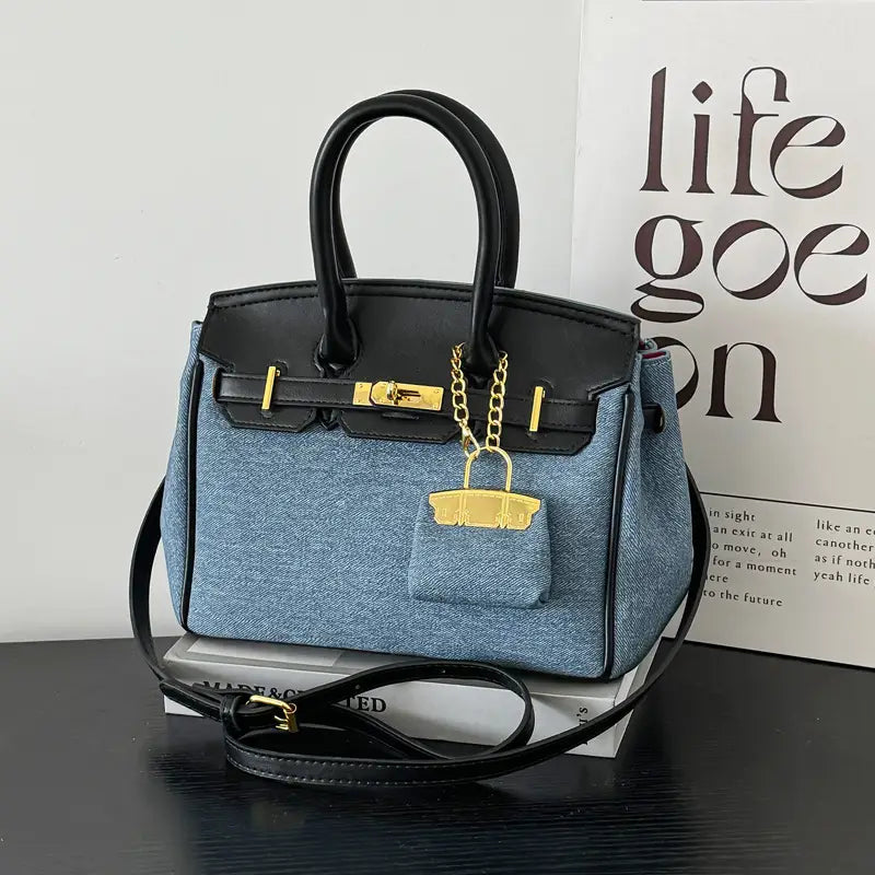 Two-Tone Structured Satchel with Gold Lock Charm and Crossbody Strap