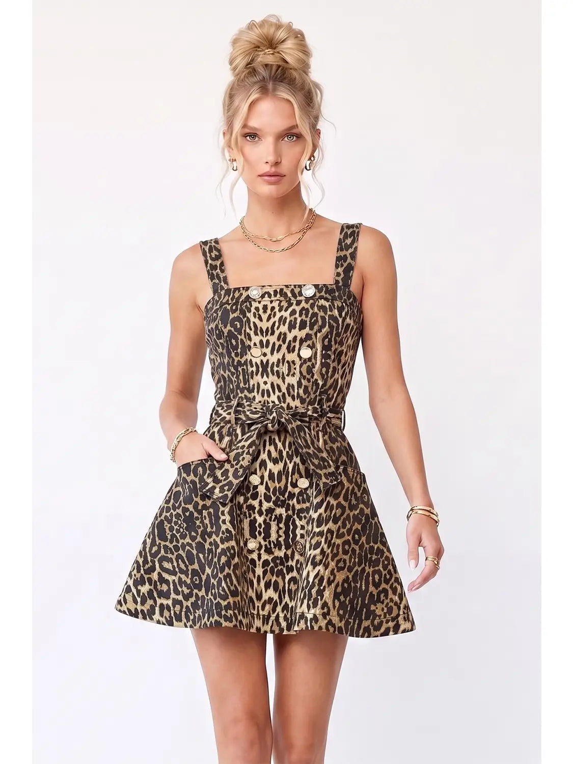 Leopard Print Button Front Belted Mini Dress