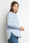 Blue Striped Button Down Shirt with Pearl Embellishments