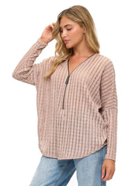 Blush Pink Textured Zip Front Long Sleeve Top