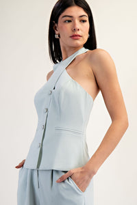 Ice Blue Halter Neck Blazer Vest – Chic Button-Up Waistcoat