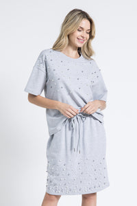 Grey Pearl Embellished Short Sleeve Top