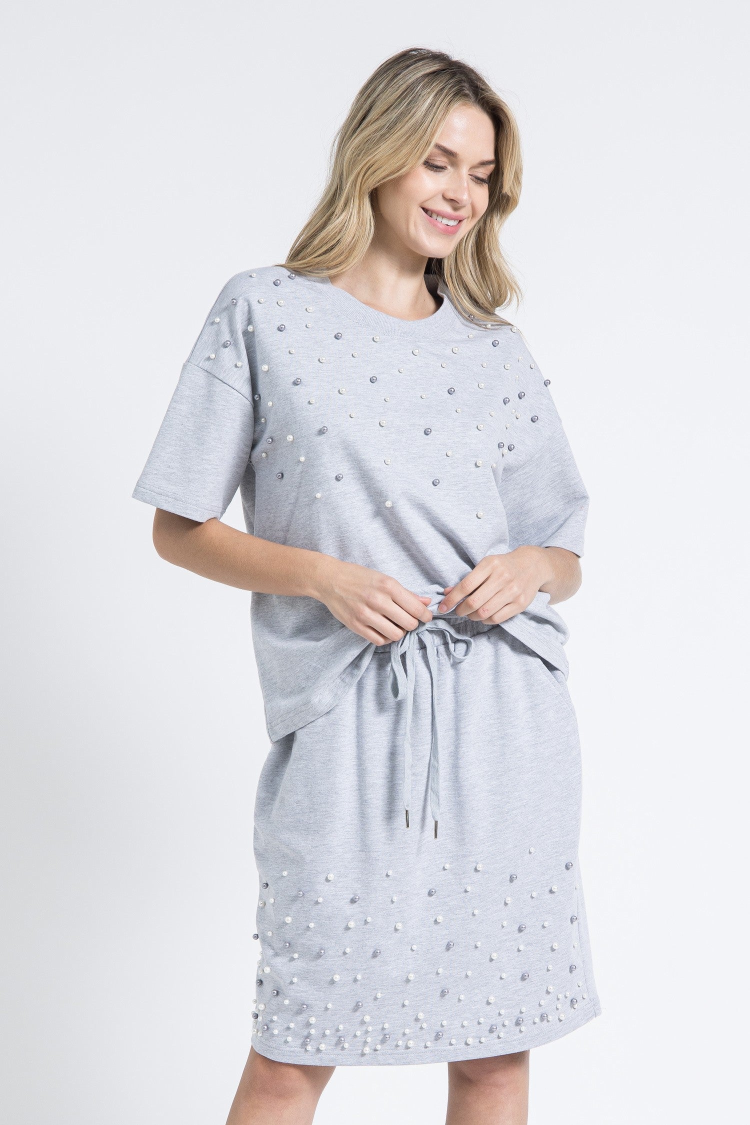 Grey Pearl Embellished Short Sleeve Top