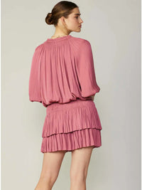 Dusty Rose Pleated Tiered Mini Dress with Smocked Waist