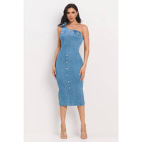 Denim Corsage One Shoulder Midi Dress