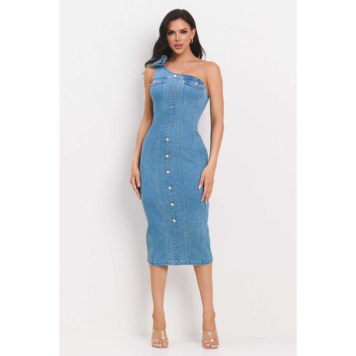 Denim Corsage One Shoulder Midi Dress