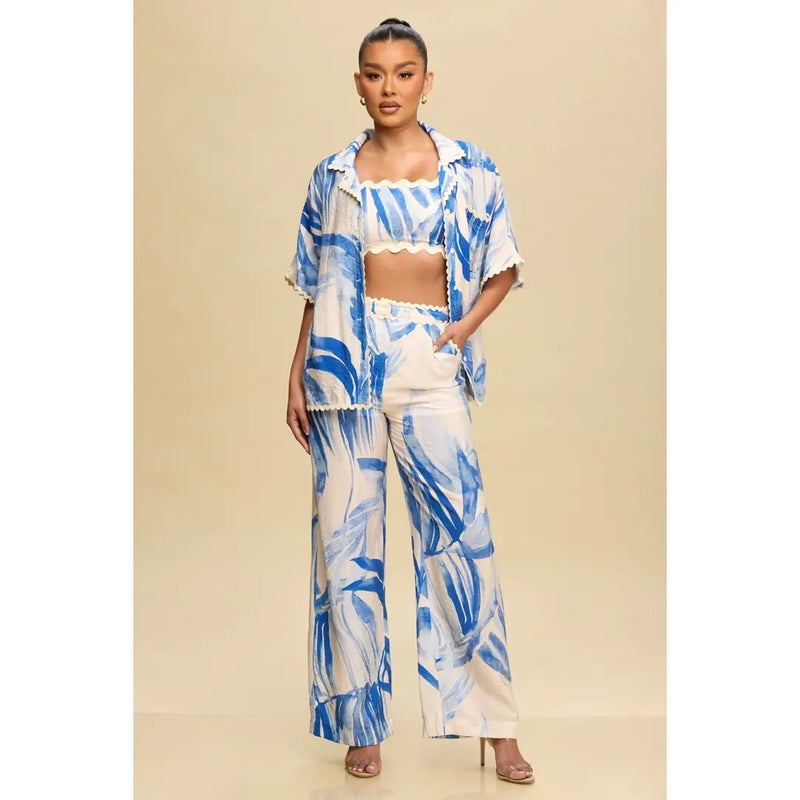 Blue Brushstroke 3-Piece Linen Set with Scalloped Trim