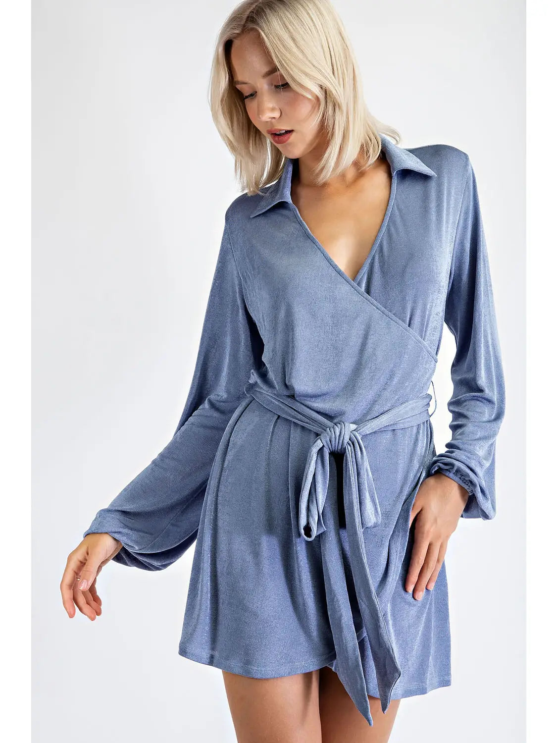 Blue Lurex Wrap Style Long Sleeve Mini Dress