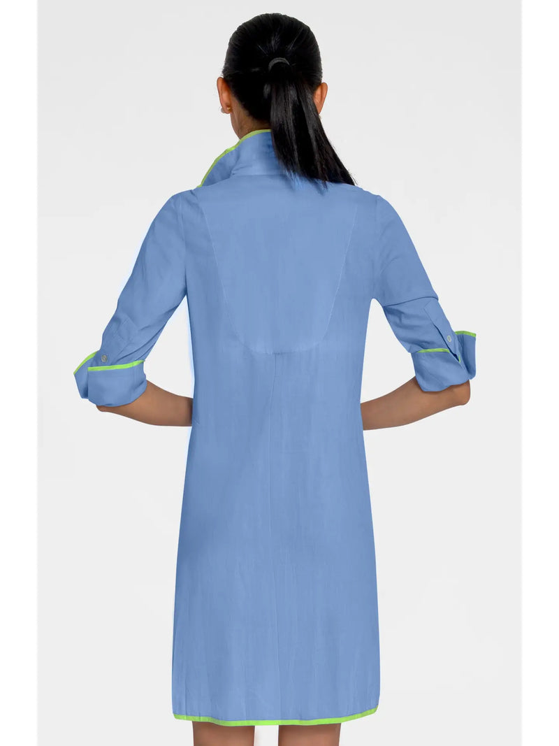 Button-Front Sky Blue Trimmed Short Shirt Dress