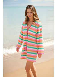 Multicolor Striped Tassel Tie Knit Beach Cover-Up Dress