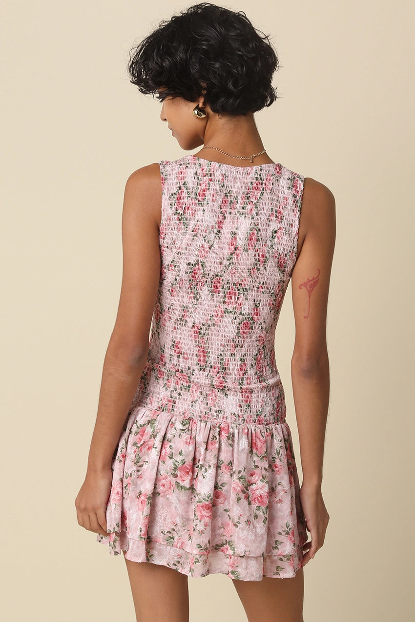 Smocked Floral Mini Dress with Ruffle Hem and Sleeveless V-Neck Design