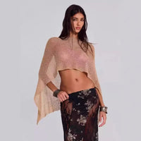 Sheer Knit Asymmetrical Poncho Top with Shell Tassel Trim
