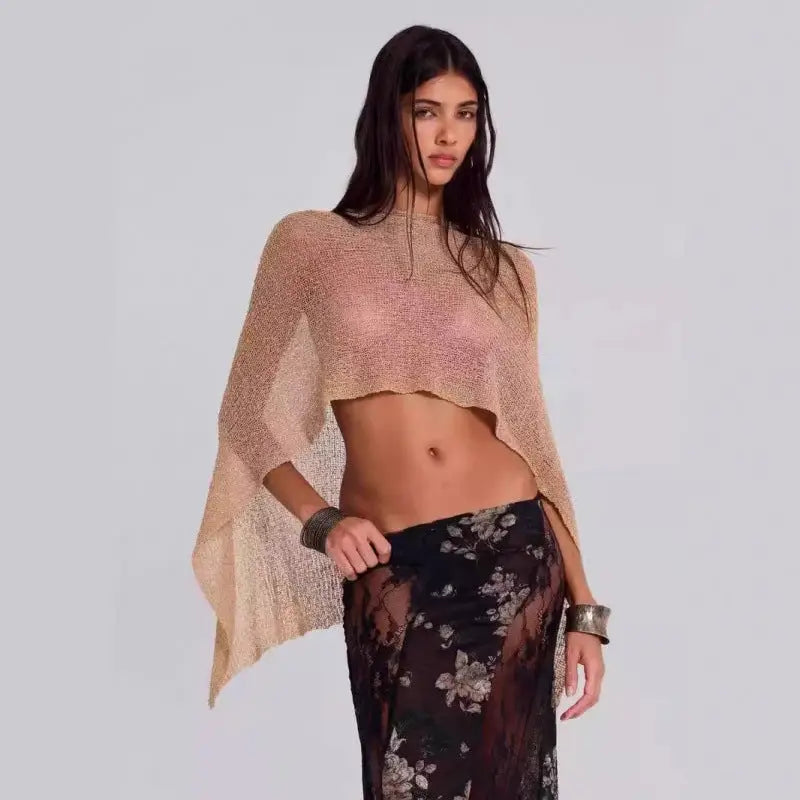 Nude Sheer Knit Asymmetrical Poncho Top
