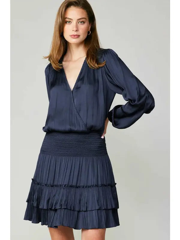 Navy Satin Pleated Tiered Mini Dress with Smocked Waist
