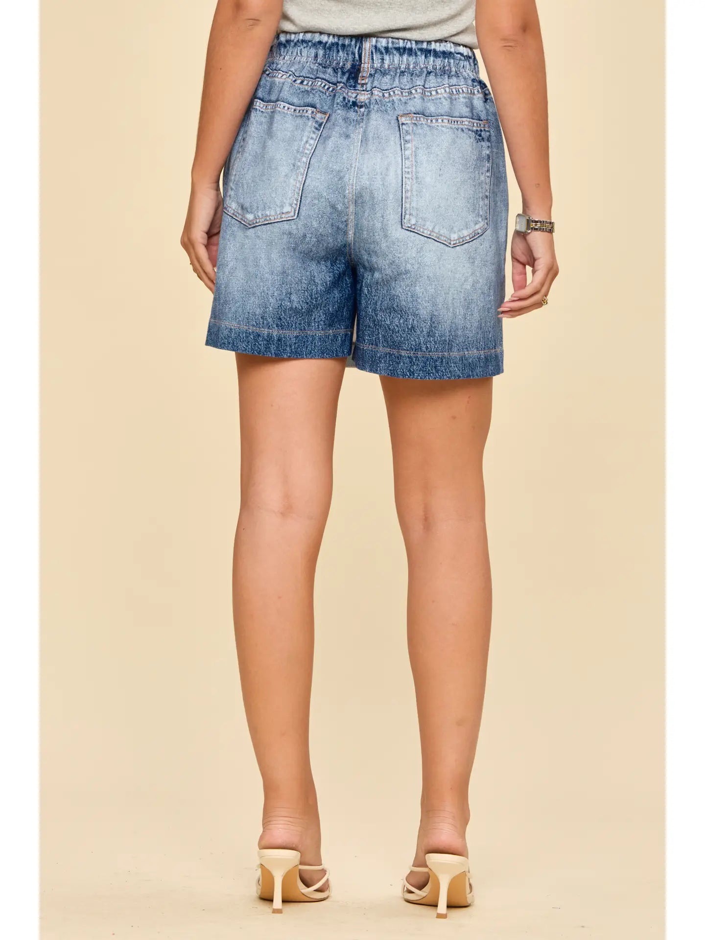 Light Denim Elastic Waist Denim Mini Skirt with Pockets