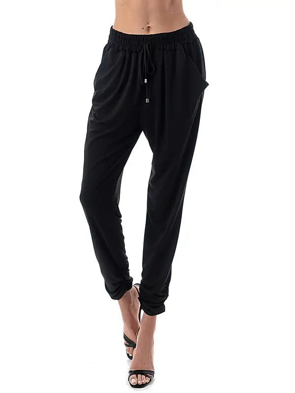 Black Drawstring Waist Jogger Pants with Tapered Leg