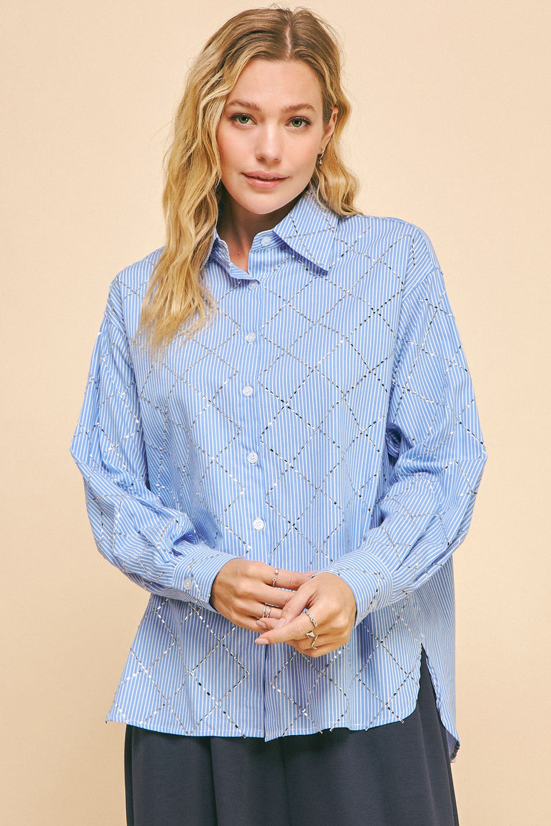 STRIPED LONG SLEEVE LOOSE FIT BUTTON DOWN SHIRT BLUE