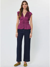 Berry Purple Pleated Flutter Sleeve Blouse with Drawstring Waist