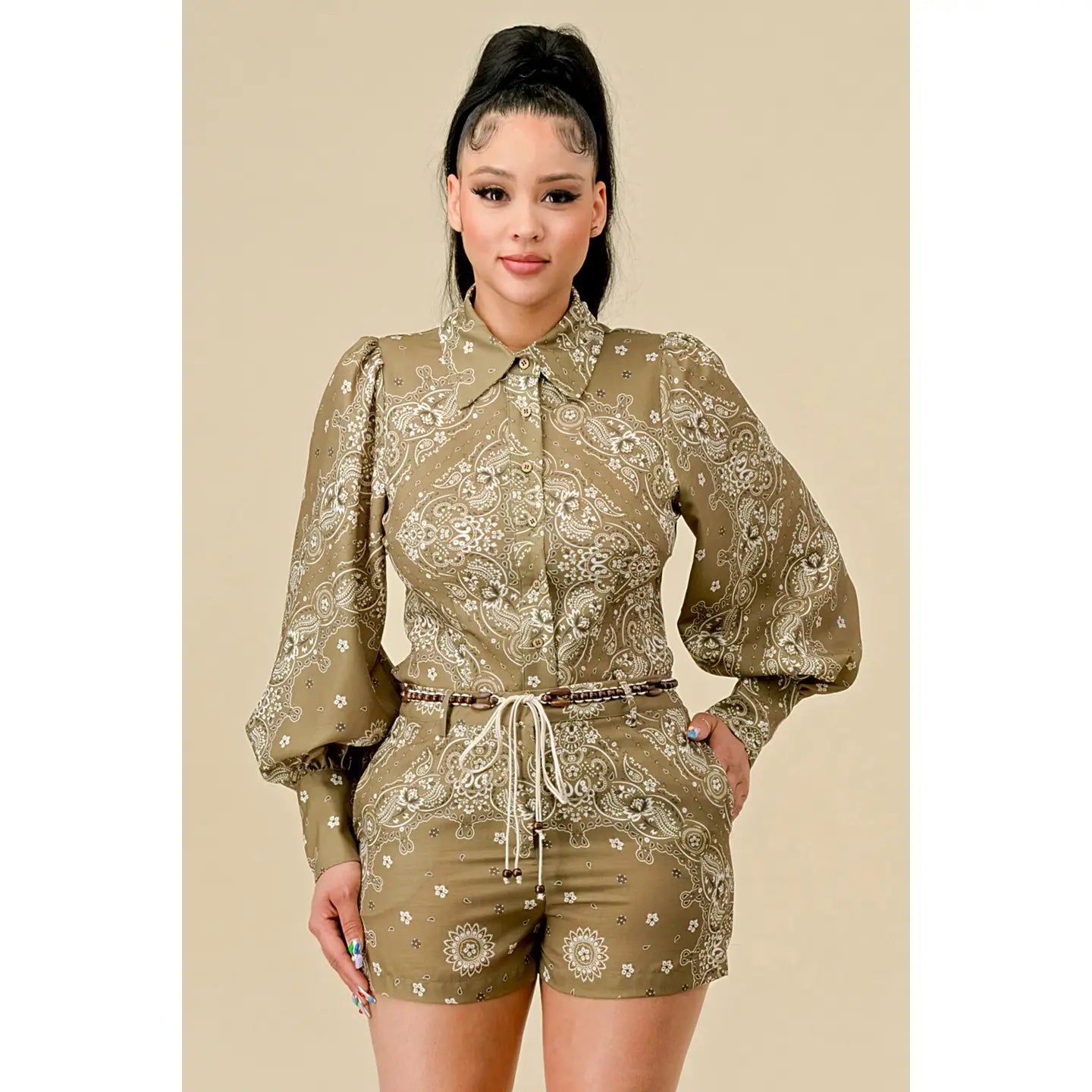 Paisley Print Long Sleeve Top and High-Waist Shorts Set