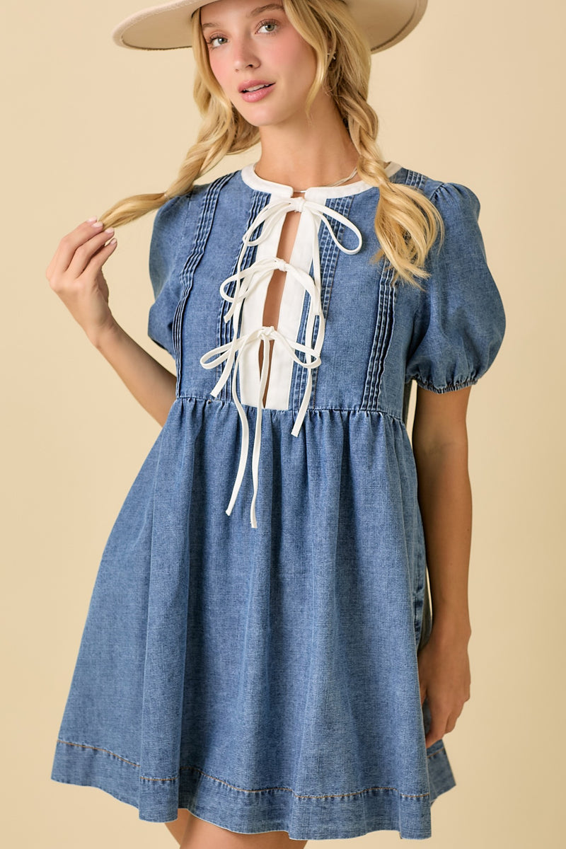 Denim Puff Sleeve Mini Dress with Front Tie Detail – Amanda Jean NYC