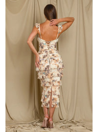 Romantic Ruffle Tiered Midi Dress with Lace Trim and Corset Back