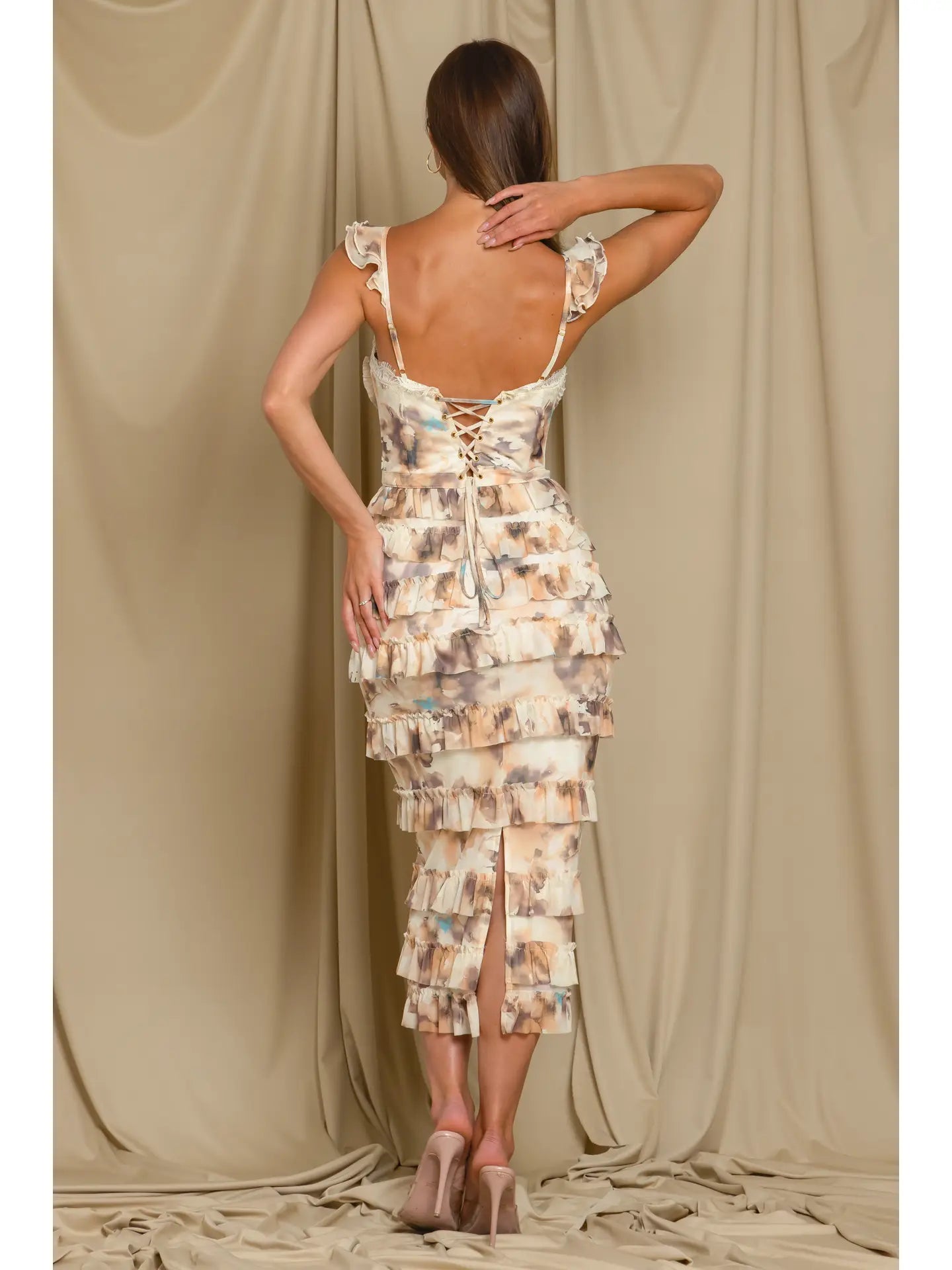 Romantic Ruffle Tiered Midi Dress with Lace Trim and Corset Back