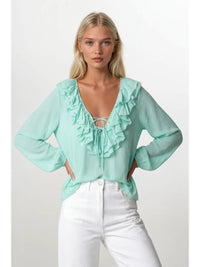 Ruffle Trim Tie Neck Blouse in Mint Green