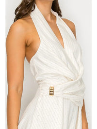White Pinstripe Halter Romper with Wrap Waist Detail