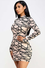 Geometric Mesh Long-Sleeve Mini Dress in Nude and Black