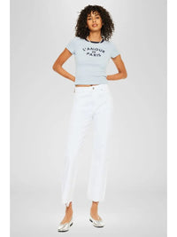 High Rise Slim Wide Leg White Jeans with Raw Hem