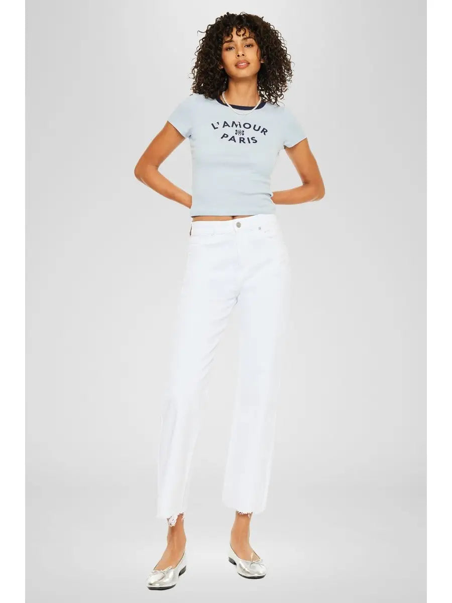 High Rise Slim Wide Leg White Jeans with Raw Hem
