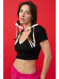 Black Ribbed V-Neck Crop Top with Ribbon Tie Shoulder Detail