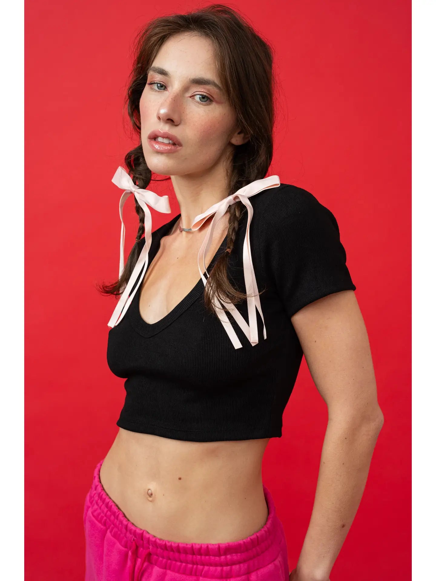 Black Ribbed V-Neck Crop Top with Ribbon Tie Shoulder Detail