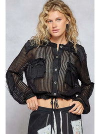 Black Sheer Knit Cropped Top with Hood and Drawstring Hem